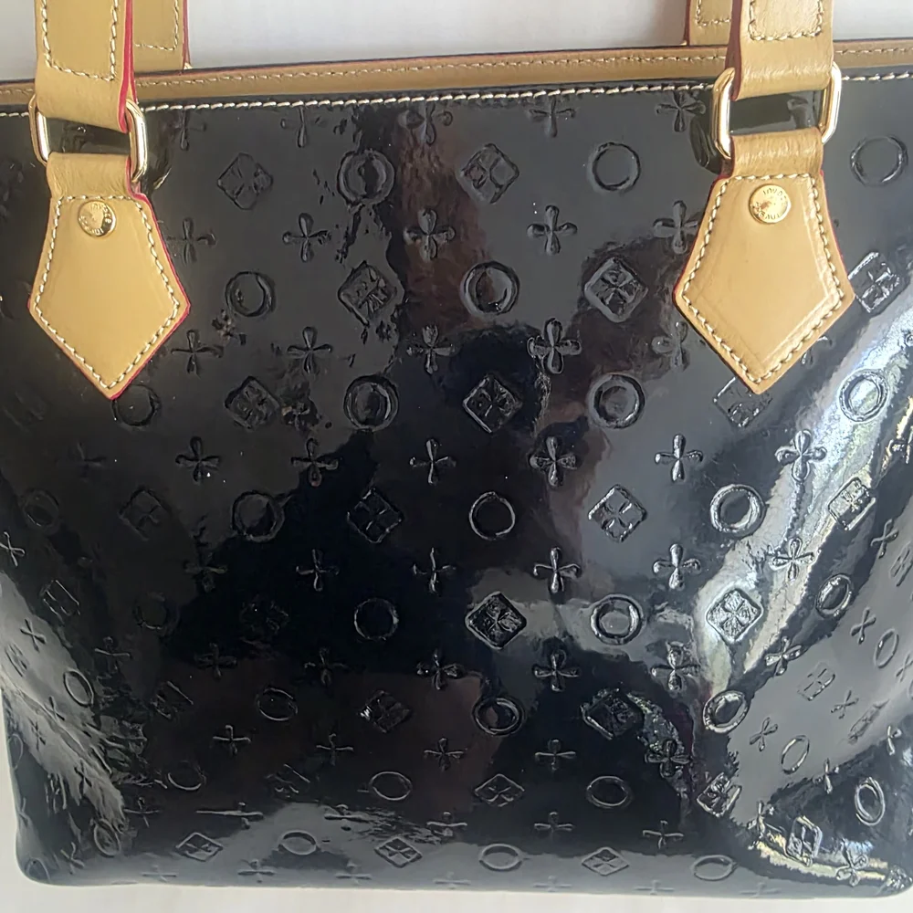 INVECE Blue Dark Patent Tote with Tan Handles - Women Bags.used,paint Defect.
